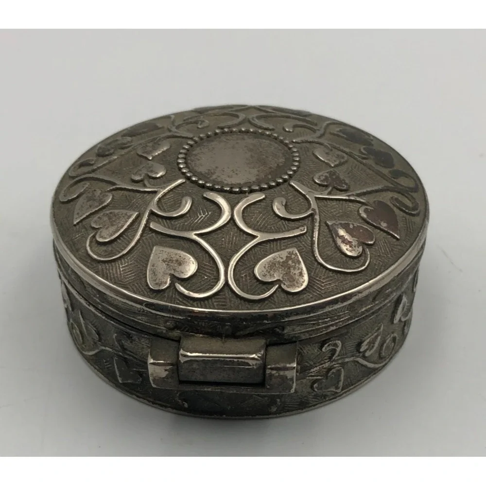 Vintage Silver Plate Round Repousse JEWELRY CASKET Lined Red Velvet BOX 3